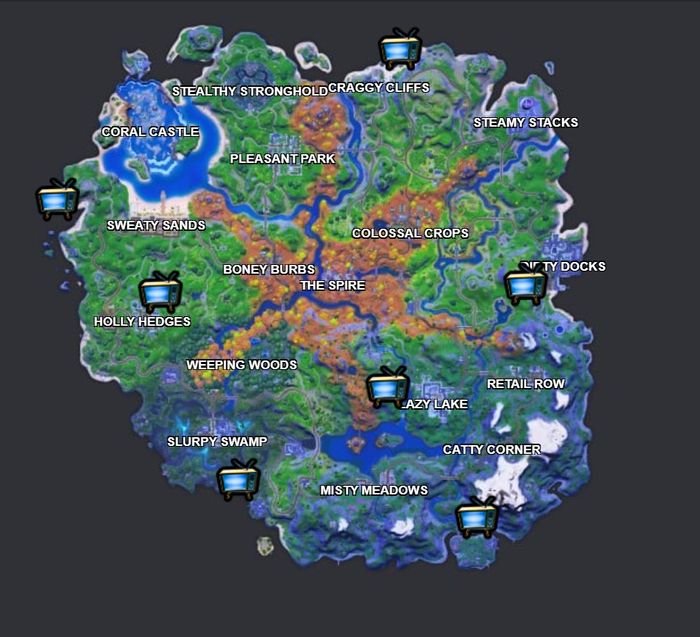 The map shows the locations of the Fortnite spooky TV sets (Image via Fortnite.gg)