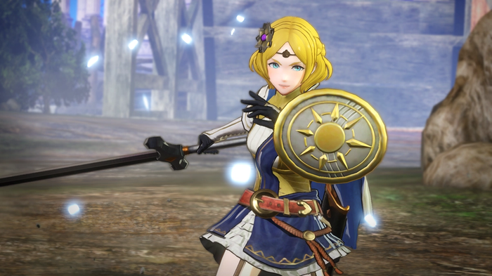 A blonde-haired woman holding a sword and shield in Fire Emblem Warriors.