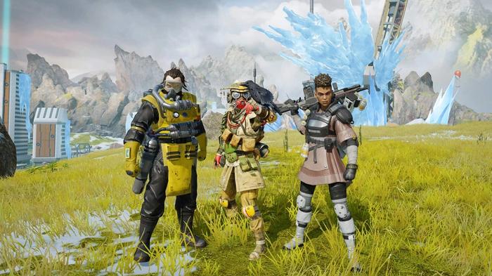 This image features three characters (Caustic, Bloodhound, Bangalore) from Apex Legends Mobile