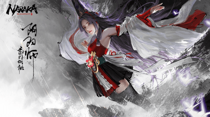 Kurumi's character poster in Naraka Bladepoint. She flies through the rain with a purple aura around her.