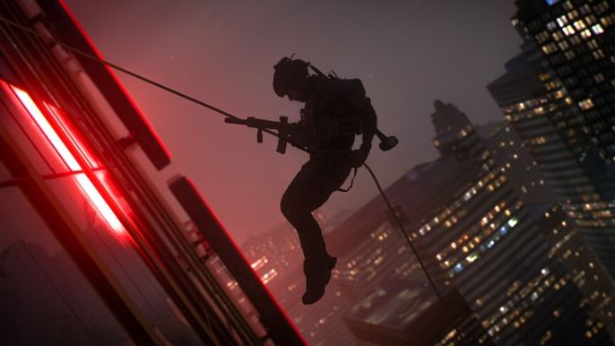 A soldier rappelling down a skyscraper against a dusky sky in Modern Warfare 2.