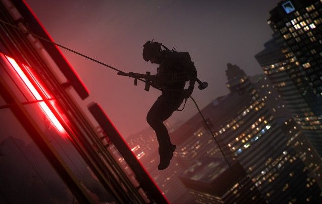 A soldier rappelling down a skyscraper against a dusky sky in Modern Warfare 2.