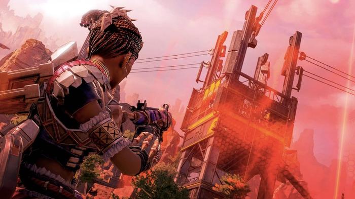 Image of an operator looking up at a tower in Apex Legends.