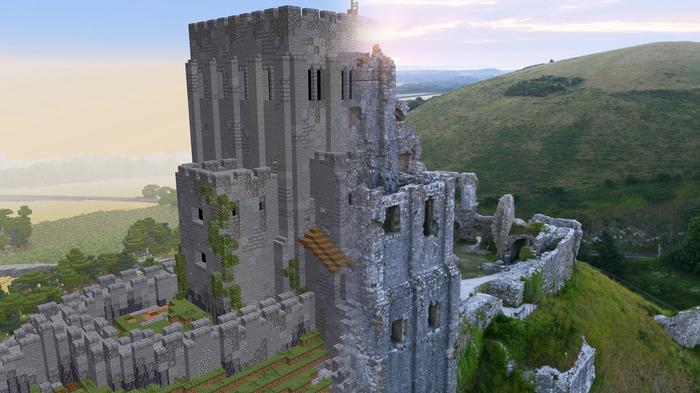 A screenshot of the real Corfe Castle alongside the one in Minecraft.