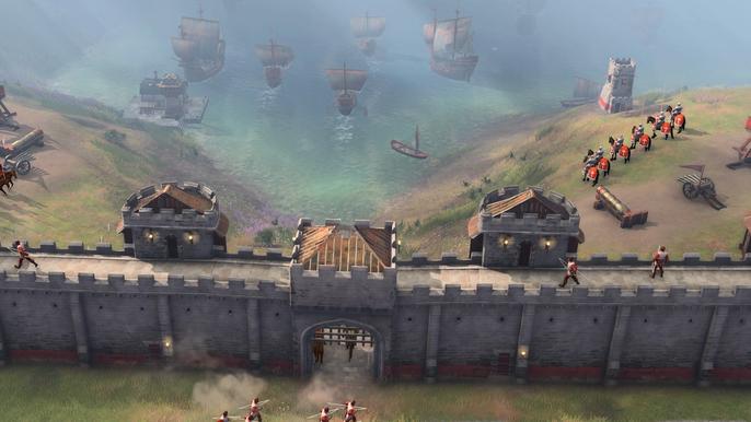 An Age of Empires 4 town surrounded by Stone Walls, Towers and Gates.