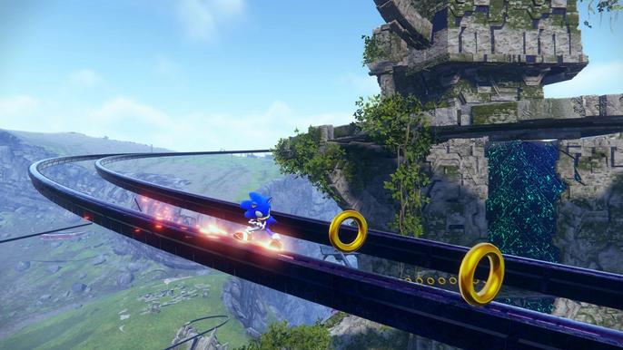 Image of Sonic grinding a rail in Sonic Frontiers.