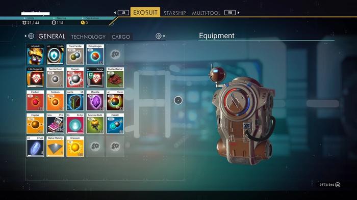 The Exosuit inventory and storage capacity in No Man's Sky.