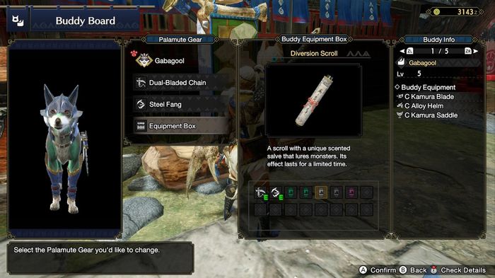Showing Palamute Scrolls in the buddy inventory in Monster Hunter Rise