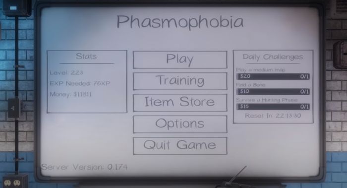 The Phasmophobia start menu board in the ghost hunters hideout.