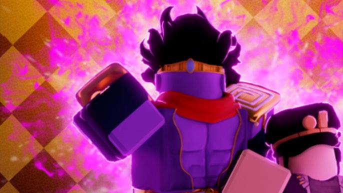 Screenshot from Crusaders Heaven, showing two Roblox characters stylised after the Jojo's Bizarre Adventure anime