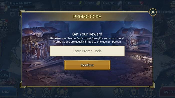The Raid: Shadow Legends promo codes redemption screen in-game.