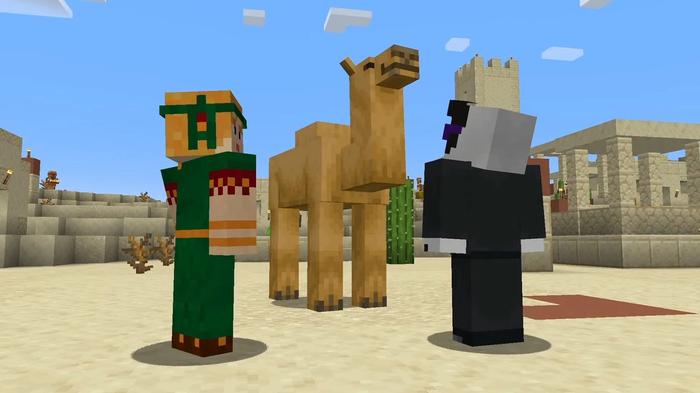 Image of Minecraft camels towering over two Minecraft players