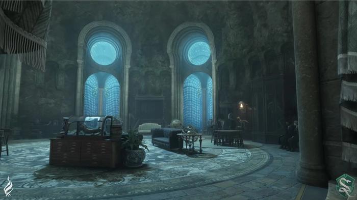 A dark room with large windows in Hogwarts Legacy.