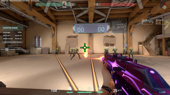 Valorant player aiming at practice bots with a Flappy Bird crosshair. 