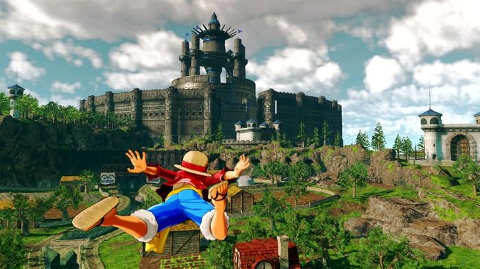 Luffy skydiving in the One Piece: World Seeker game.