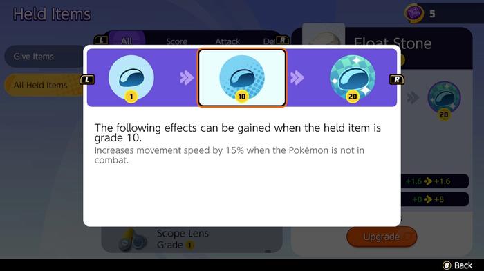Upgrading held items in Pokémon Unite.