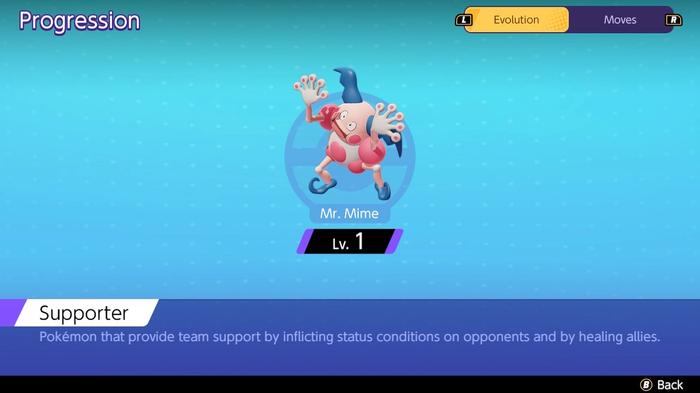 The progress screen showing at what level Pokémon Unite Mr. Mime evolves.