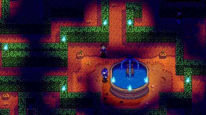 Stardew Valley. The player is standing by the fountain in the centre of the haunted maze.