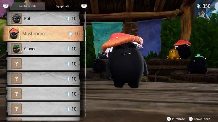 Rot wearing the Mushroom hat in Hat Purchase screen in Hat Cart from Kena: Bridge of Spirits.