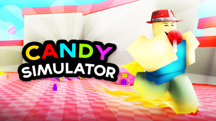 Artwork for Candy Simulator featuring a Roblox character wearing a red hat and eating some candy.