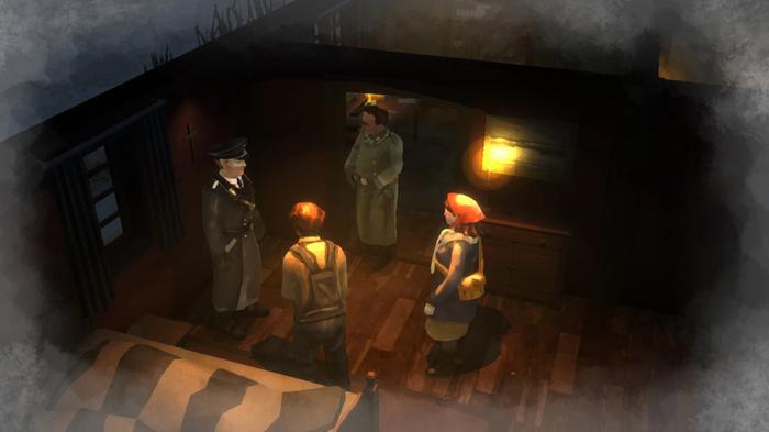 A screenshot from Gerda: A Flame In Winter showing Gerda negotiating with occupying German soldiers.