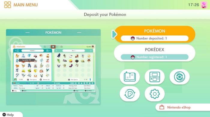 The main menu of Pokémon Home for Nintendo Switch, where players can register Pokémon.