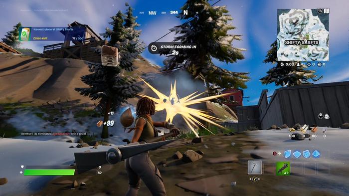 A player harvests stone in Fortnite's Shifty Shafts area using a harvesting tool.