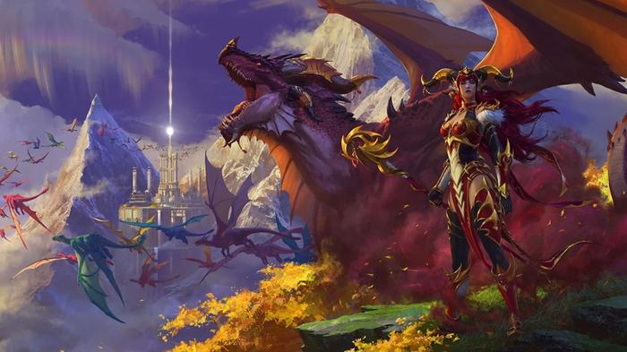 A girl and multiple dragons are next to the kingdom in WoW Dragonflight.