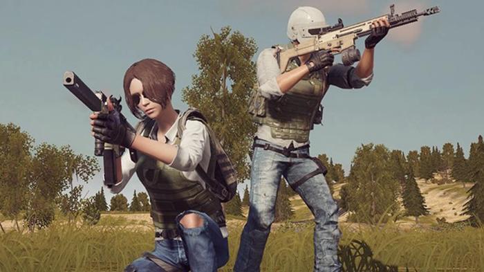 Screenshot from PUBG: New State, showing two characters pointing guns in opposite directions of the battlefield