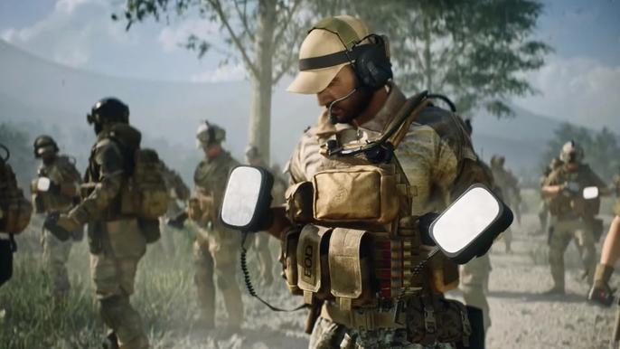 A Battlefield 2042 operator wielding a defibrilator.