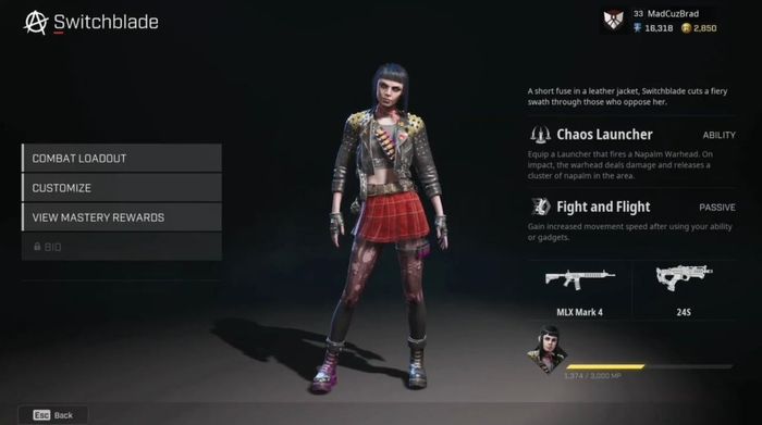 The image shows Switchblade's customisation screen, listing the weapons and abilities she has.