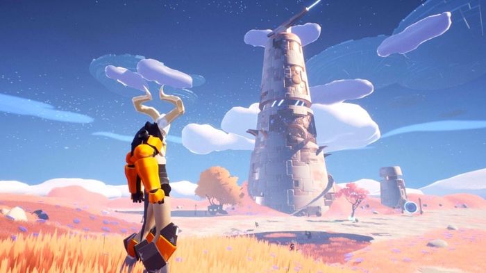 Big Time NFT game image, of a character in a field staring out at a giant grey tower and blue sky.