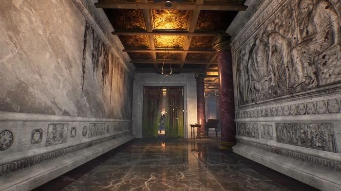 The Forgotten City. Inside the palace, a long hallway with a carving on the right. At the end of the hall, there are green drapes covering a doorway to the next room. There are peeled statues behind them.