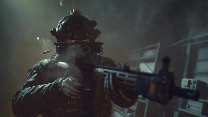 Warzone 2 player holding assault rifle wearing night vision goggles