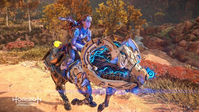 Horizon Forbidden West Aloy riding a Charger on the road leading out of Chainscrape