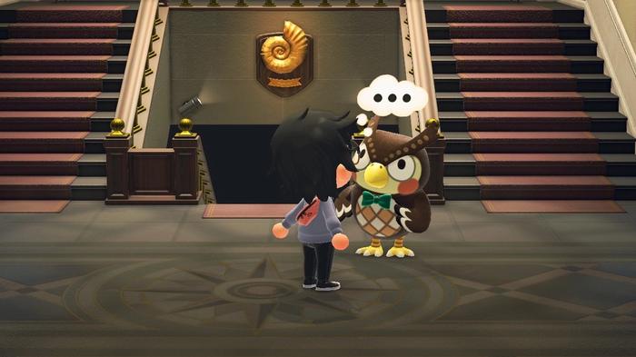 A player speaking to Blathers, who has a thought bubble over his head, in Animal Crossing: New Horizons.