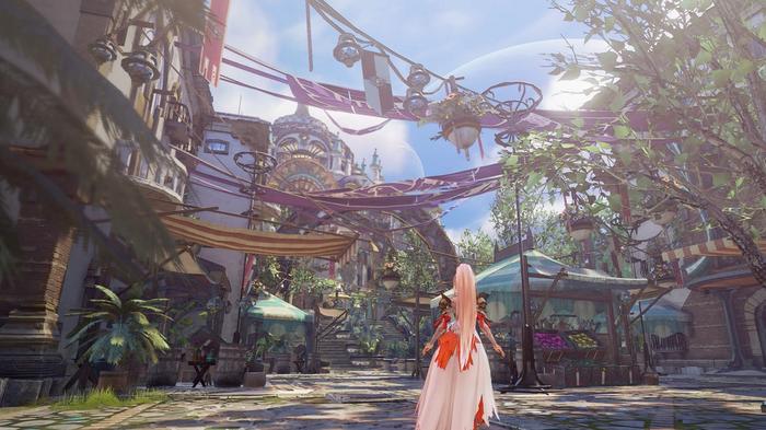 Screenshot from Tales of Arise showing a female character in a long dress exploring a town adorned with decorations.