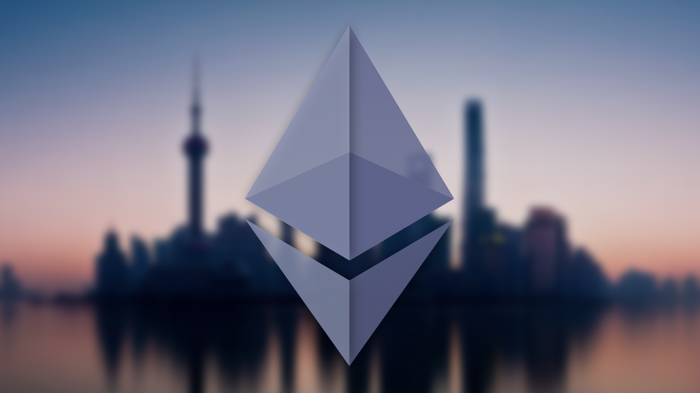 Ethereum logo on Shanghai skyline.
