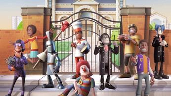 The key art for Two Point Campus, featuring characters sitting outside the school gates.