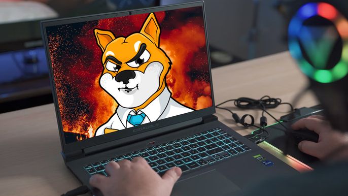 Personagem de Shiba Inu em fundo ardente, em um laptop de jogos.