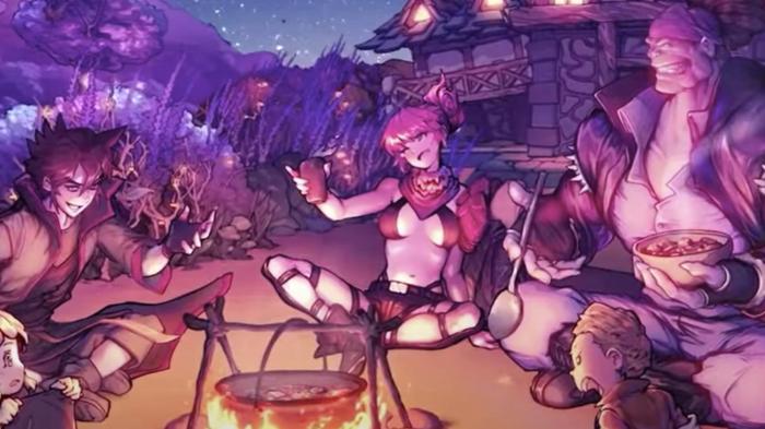 Image from Zio and the Magic Scrolls, showing three characters sat around a campfire