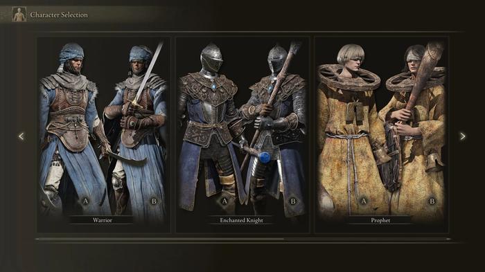 Elden Ring classes; the Warrior, Enchanted Knight, and the Prophet.