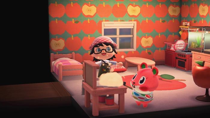 A player watching a villager craft an item at a workbench in their home in Animal Crossing: New Horizons.