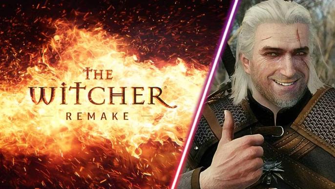 Geralt of Rivia next to the logo if The Witcher remake.