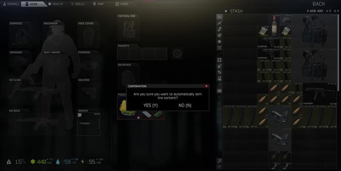 The stash in the gear section of the character menu in Escape From Tarkov.