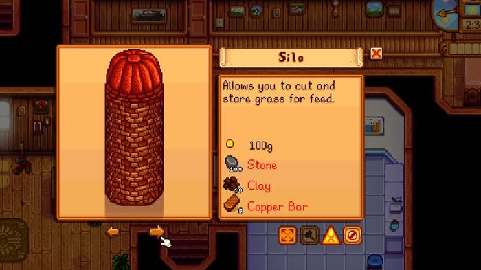 Stardew Valley. The carpenter's menu is showing a Silo. The menu shows that the silo will cost 100G, 100 Stone, 10 Clay and 5 Copper bar. Three ingredients are highlighted red as the player does not have enough.
