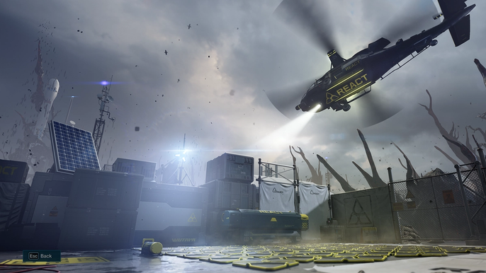 A REACT helicopter over an extraction point in a Containment Zone of Rainbow Six Extraction.