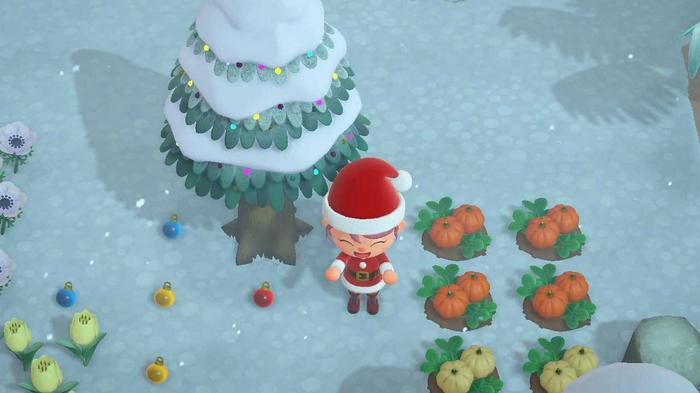 An Animal Crossing: New Horizons' player in a Santa outfit collecting ornaments for festive DIY recipes from Pine Trees.