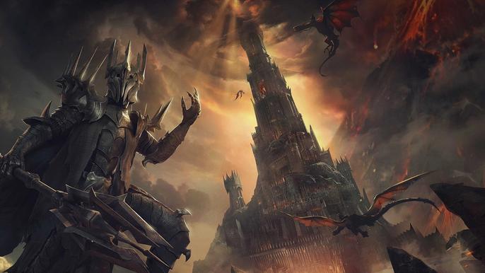 Image of Sauron facing the tower of Mordor in The Lord of the Rings: Rise to War.