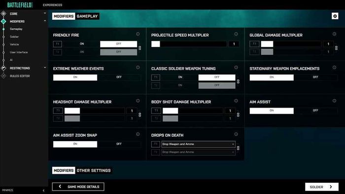 The gameplay modifier screen on Battlefield Portal shows sliders and toggles for various settings.